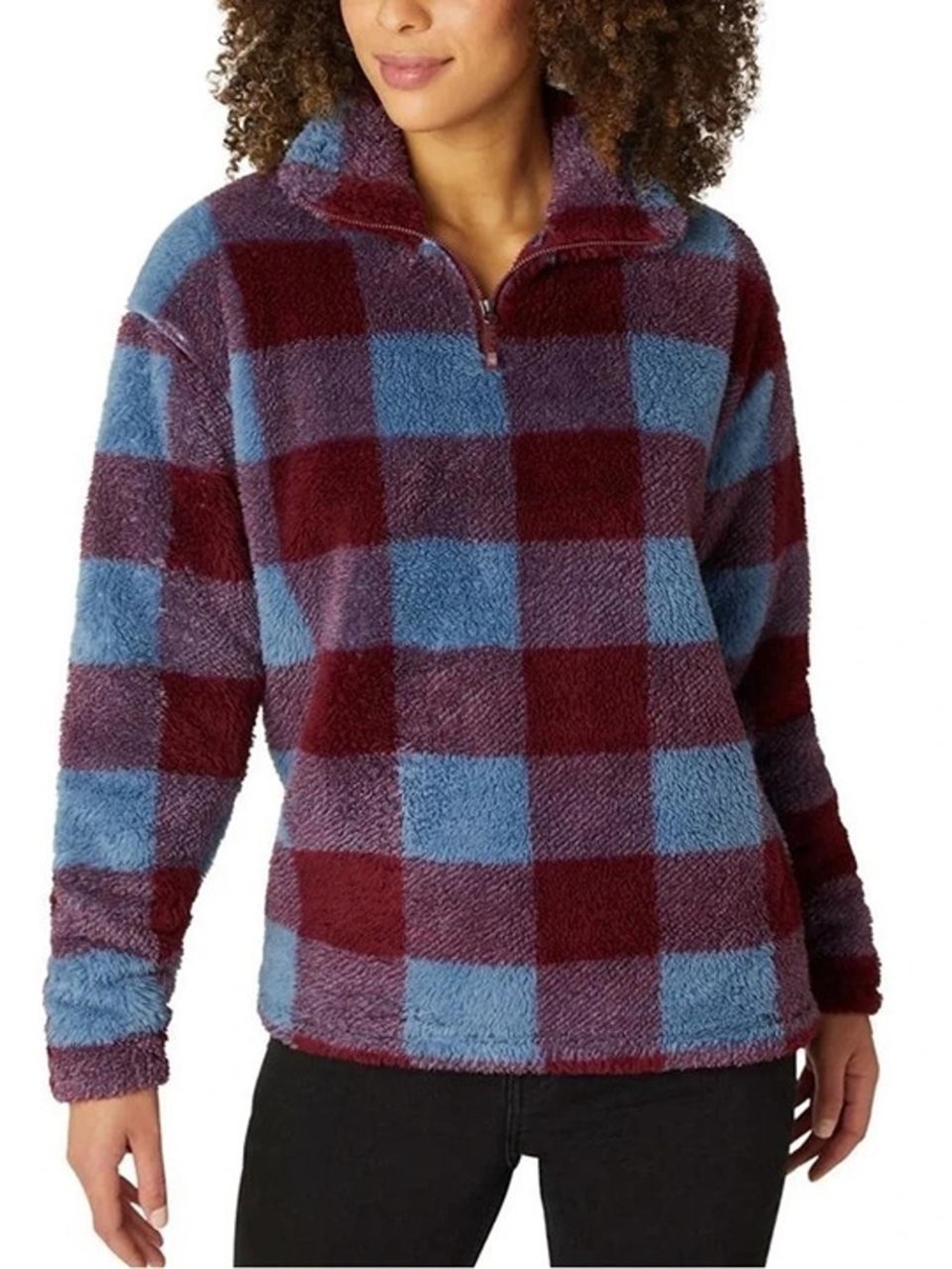 Eddie Bauer, Plush , Quarter-Zip Pullover - Burgundy & Light Blue Checker